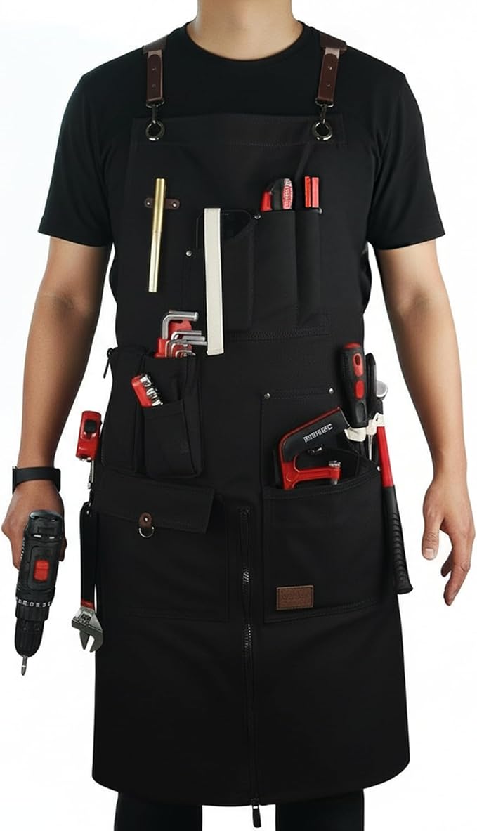Woodworking Apron, Tool Apron, Canvas, Multiple Pockets, Adjustable Zipper, Metal Ring, Tape Measure Clip, Plus Size, Black.