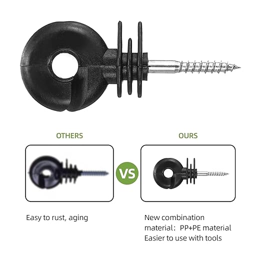 Upgraded Electric Fence Poly Wire 656 Feet 200 Meters and 100 Pcs Black Electric Fence Insulator Screw-in Insulator Fence Ring Wood Post with 1 Pcs Insulator Socket Tool
