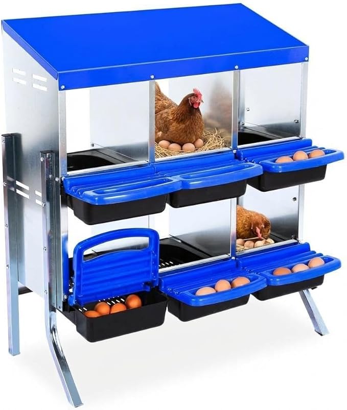 Chicken Nesting Box,Chicken Laying Boxes with 3 Compartment Metal Stainless Steel,Chickens Egg Laying Nest Boxes with Stand & Rollout Egg Collection,Chicken Brooder Box with Perch, Blue