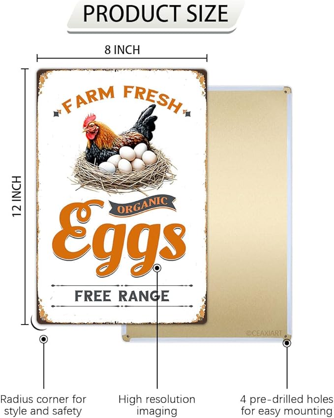 Farm Fresh Eggs Tin Sign Chicken Coop Metal Signs Funny Hanging Plaque For Hen House Outdoor Rustic Decoration Vintage Chick Inn Accessories Garden Yard Fence Home Decor 12x8 Inch