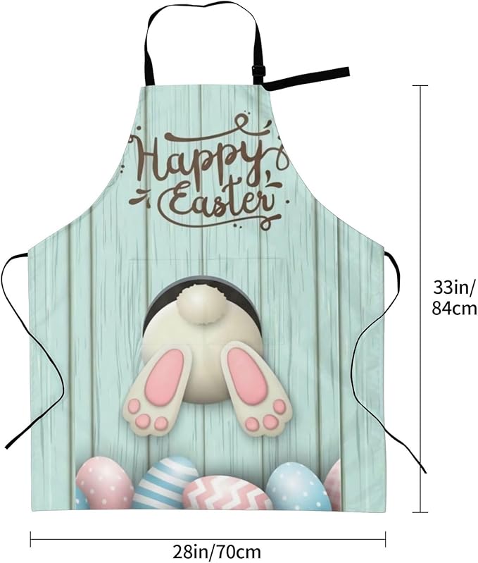 ASYG Cute Easter Rabbit & Eggs Apron Adjustable with 2 Pockets Bunny Easter Gift Kitchen Baking Gardening Work Apron