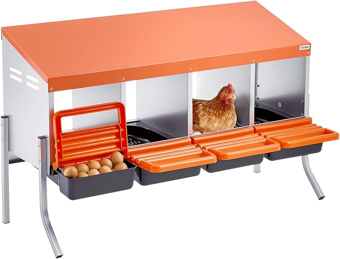 VEVOR Chicken Nesting Boxes, 4 Compartments, with Support Legs, Easy Egg Collection, Galvanized Steel and High-Strength Plastic, Roll Away Nesting Boxes for Chickens and Hens Laying Eggs, Orange