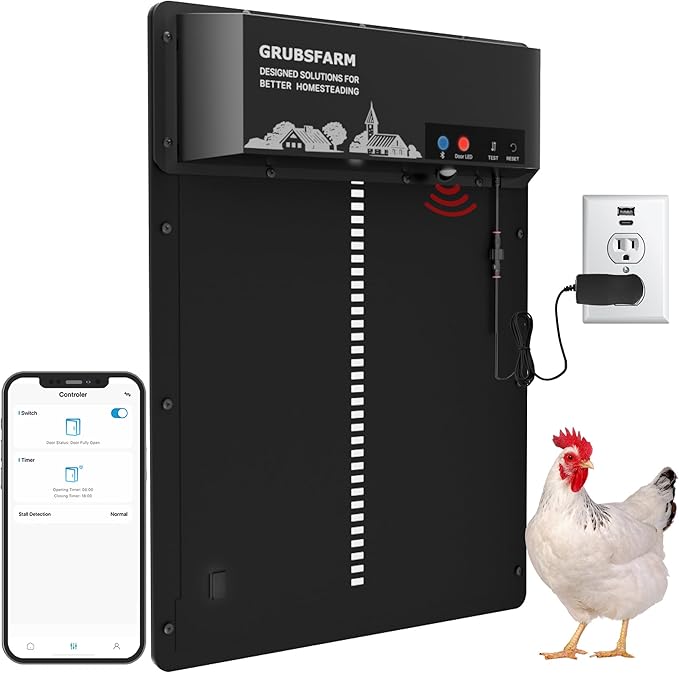 Automatic Chicken Coop Door - Programmable with App Timer, Solar/Battery/Grid Powered, Multi Anti-Pinch - Resistance Detection & Motion Sensor, Plug & Play Electric Door, Weatherproof