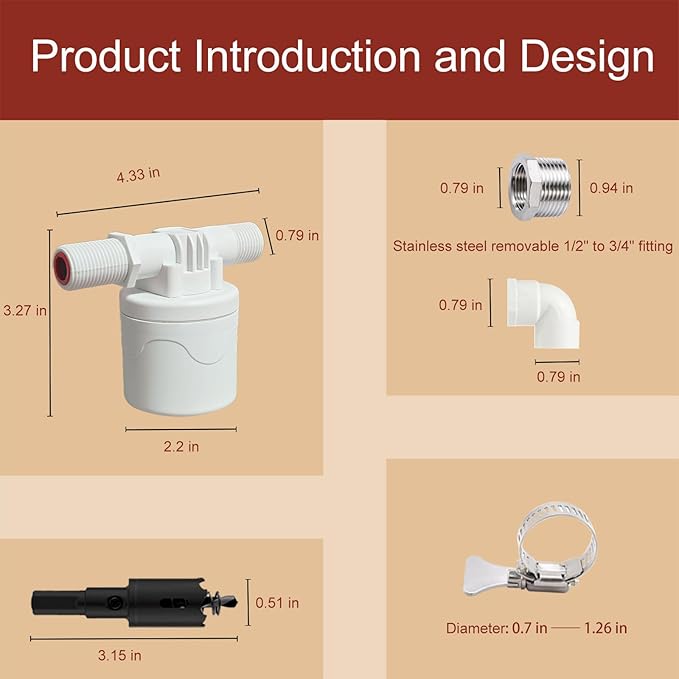 Chicken Waterer Float Valve Kit - Side Inlet, Compatible with Various Chicken Water Cups & Nipples, Includes Hole Opener, 4 Hose Clamps, Raw Tape, 1/2 to 3/4 Inch Adapter