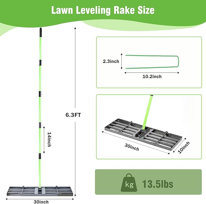 Lawn Leveling Rake 30x10 inch,Stainless Steel Lawn Leveler with Green Positioning Stakes,78" Adjustable Long Handle,Heavy Duty Level Lawn Tool for Backyard, Garden, Golf Course, Farm, Pasture