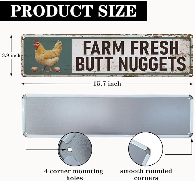 Farm Decor, Farm Fresh Butt Nuggets Sign, 15.8x4 inches, Chicken Metal Tin Signs, Retro Aluminum Sign for Home Garden Outdoor Yard Farmhouse, Vintage Wall Decor Art