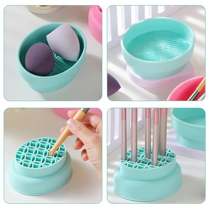 2 in 1 Makeup Brush Cleaning Mat with Brush Drying Holder Silicone Brush Cleaner Pad Cosmetic Brush Organizer Rack Portable Washing Tool for Makeup, 10.80X8.80X4.80CM, Green