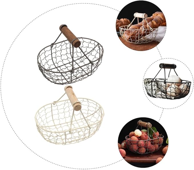 VICASKY 2pcs Retro Vintage Wire Storage Baskets with Wooden Handles, Farmhouse Style Metal Fruit and Egg Collecting Basket Set for Kitchen and Household Organization