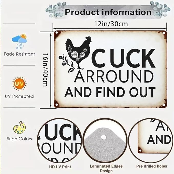 Funny Chicken Gifts Chicken Cluck Around and Find Out Tin Sign for Home Farm Chicken Coop Farmhouse Kitchen Garden Decor 12 X 16 Inch