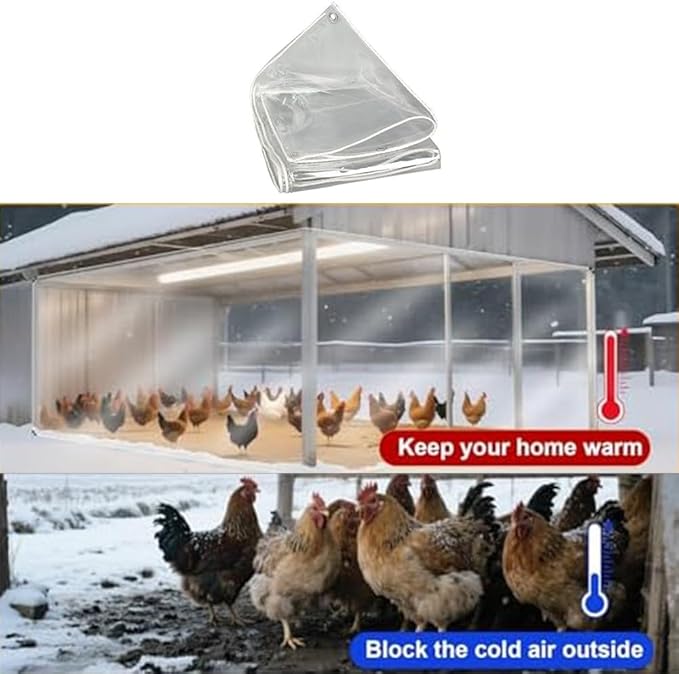 6x10 ft Winter Chicken Cover with Heavy Duty PVC Construction, Transparent for Sunlight, Metal Eyelets and Double Stitched Edges for Stability