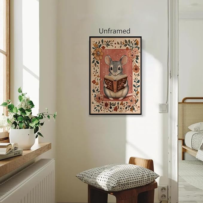 Nursery Animal Canvas Wall Art, Mouse Reading A Book Poster, Cozy Folk Art Prints, Kids Room Farmhouse Botanical Floral Painting, Library Reading Corner Wall Decor 8x12in Wrapped Canvas