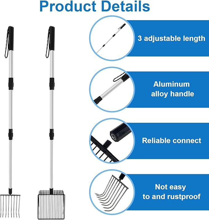 succulentlovers 2 Pack Chicken Poop Scooper & Chicken Coop Rake - Retractable Chicken Scoop 3 In 1 Sifting Shovel Detachable Chicken Coop Cleaning Tools for Chicken Coop Cleaning Supplies