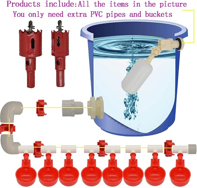Complete Set Pipeline Automatic Chicken Nipple Waterer Cups and 1/2" PVC Tee Fittings Pipe Feeder Poultry Waterer Chicken Waterer pourtly Water Cup Durck Watering System