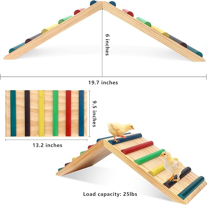 Rainbow Chicken Perch and Ramp Trainer, 2 in 1 Sturdy Wooden Chicken Roosting Bar, Baby Chick Toys for Brooder, Chicken Coop Accessories, for Small Animal, No Assemble