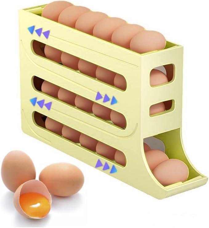 30 Eggs Egg Holder for Fridge,4 Tiers Egg Container,Auto Rolling Fridge Egg Organizer for Refrigerator,Space-Saving Egg Dispenser Holder,Fridge Egg Rack (Yellow, 1pack)