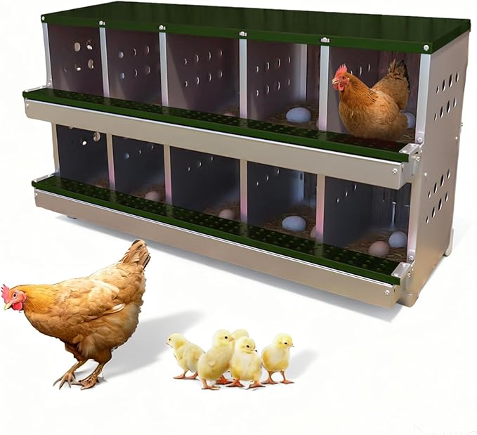 Chicken Nesting Box, 10 Compartment Roll Away Laying Box for Hens, Heavy-Duty Galvanized Steel, Front Egg Collection Tray, 10 Training Eggs Included