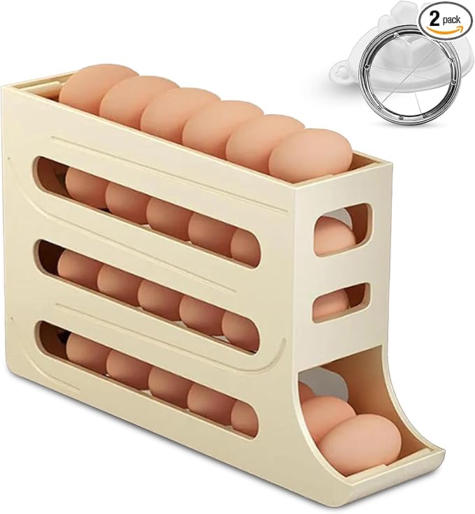 ZAYLAN Egg Holder for Fridge, Auto Rolling Egg Roller/Dispenser/Organizer/Storage Container, Space-Saving 4-Tier Egg Tray for 28 Eggs, Refrigerator, Kitchen & Countertop with Flower Egg Cutter (Cream)
