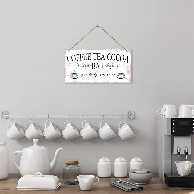 Coffee Tea Cocoa Bar decor Sign, Coffee Tea Cocoa Bar Open DAily Self Serve Hanging Sign, Vintage Kitchen Decor, Cafe Decoration with Rope Hanging 12 x 6 Inches