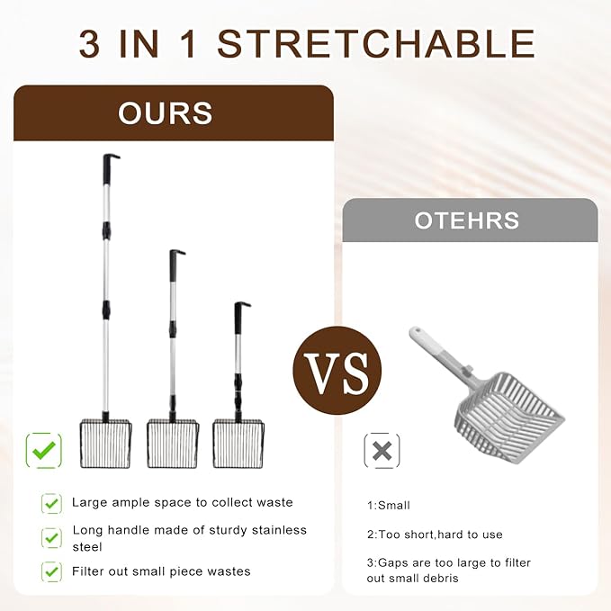 3 in 1 Stretchable Chicken Poop Scooper Chicken Coop Accessories Sifting Shovel for Chicken Coop Chicken Litter Scoop Supplies Separating Poo and Debris from Sand(22.4 to 50 Inch)