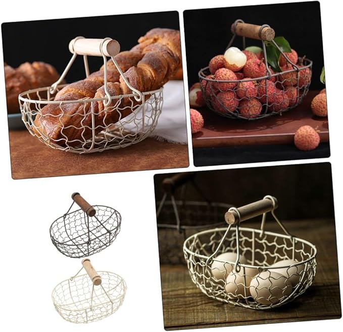 Vintage Rustic Metal Bread and Egg Collecting Basket Set, 2pcs Gray and Cream Farmhouse Style Fruit Storage Containers with Wooden Handles for Kitchen and Dining Organization