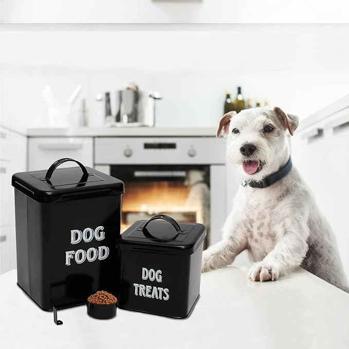 Morezi Dog Food Storage Container Farmhouse Pet Food Treats holder with Lid and Scoop, Perfect Sturdy Canister Tins for Kitchen Countertop, Shelf, Great Gift for Pet Owners - Dog Food - Black