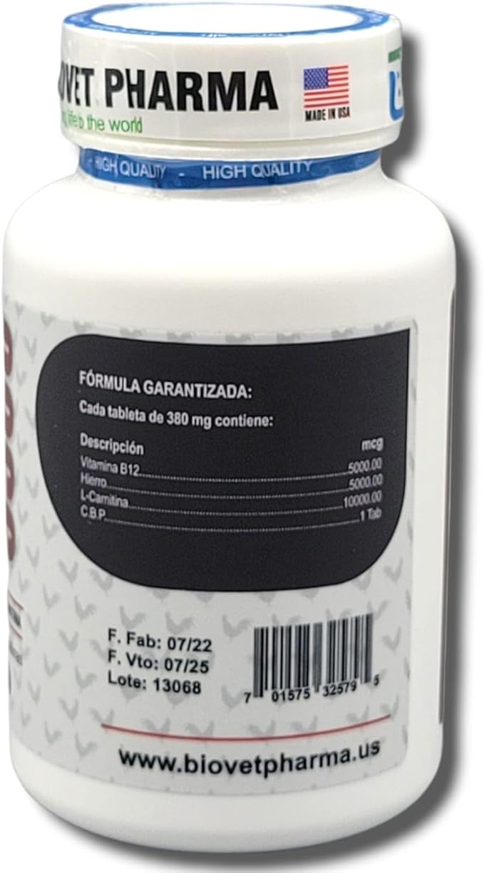Super B12 5500 Con Hierro L -Carnitina Booster for Rooster - Supplements for Poultry Hen Chicken FARMAVET BIOVETPHARMA LUVAROBLLC