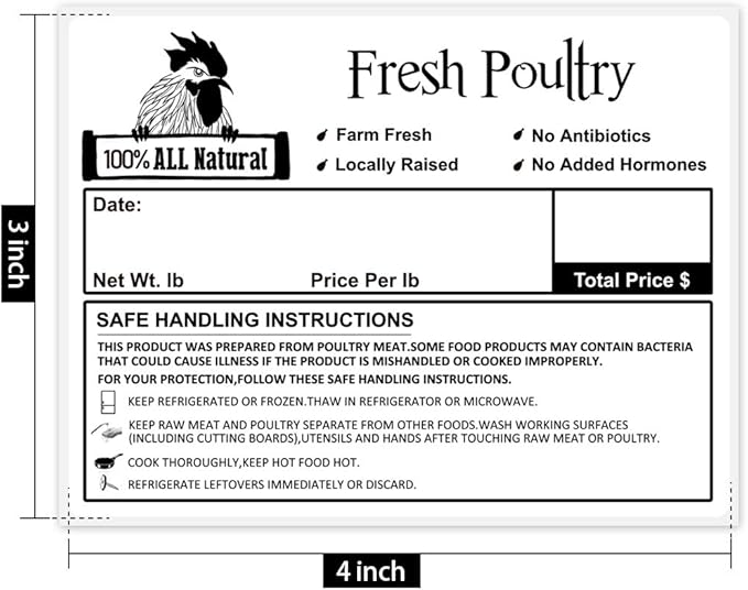 Poultry Freezer Labels,50 Pcs 4x3 Inch with Handling Instructions Exemption