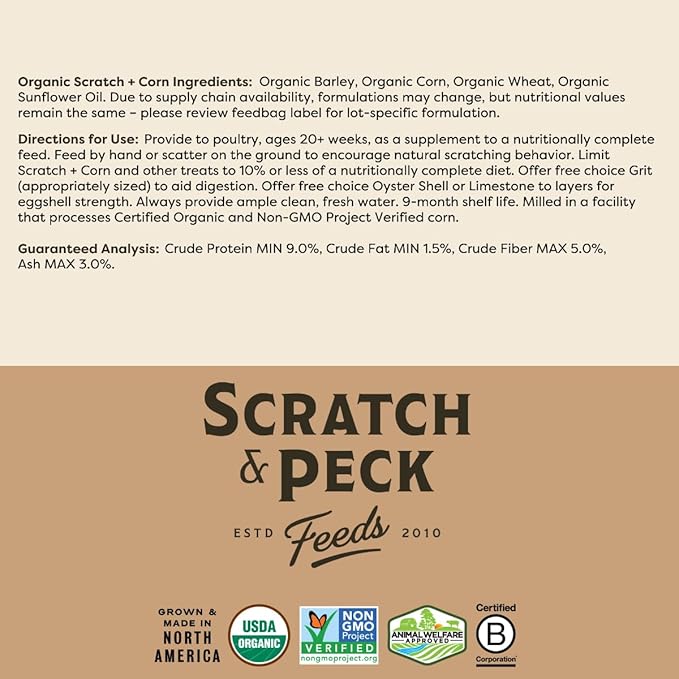Scratch and Peck Feeds Whole Grain Scratch + Corn Chicken and Duck Supplemental Grain - 25 lbs Bag - Soy-Free - 9% Protein, Certified Organic and Non-GMO Project Verified Chicken Food