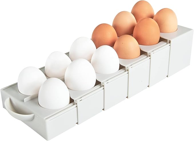 Eggstra Space Egg Organizer for Refrigerator, Adjustable Container, Collapsible & Expandable Tray Egg Holder for Fridge Organizer, Space Saving Fridge Storage Solution - Dark Beige