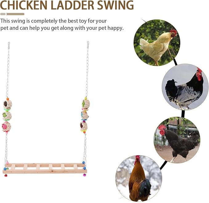 Pet Chicken Swing and Wooden Climbing Ladder for Rooster and Hen, Natural Wood Perch with Suspension Bridge Design, Outdoor Poultry Coop Accessory for Pet Supplies Random Color
