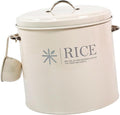 Sealed Food Storage Bin, Iron Rice Container and Measuring Spoon Metal Rice Storage Box Round Rice Canister for Pet Food Home, Style A