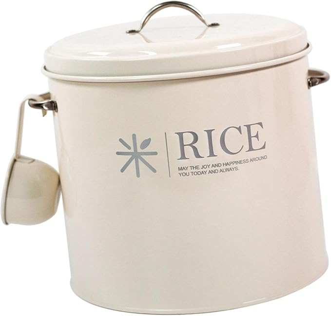 Sealed Food Storage Bin, Iron Rice Container and Measuring Spoon Metal Rice Storage Box Round Rice Canister for Pet Food Home, Style A