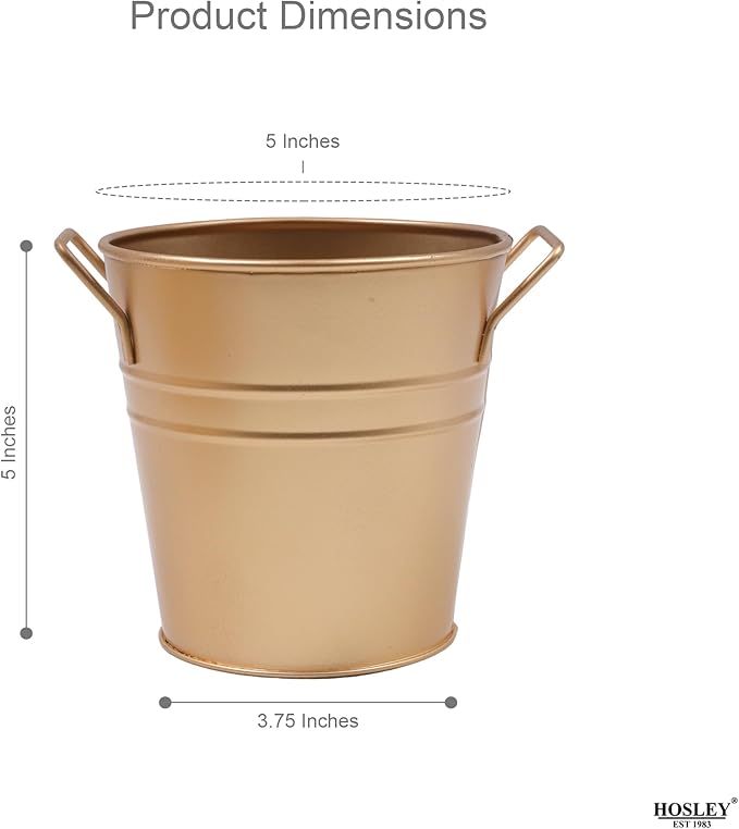 Hosley Set of 3 Gold Metal Bucket/Pots with PVC Liner, Ideal Gift for Floral Arrangements Wedding Home Office Party DIY Indoor Outdoor Garden Patio 5" Dia x 5" H