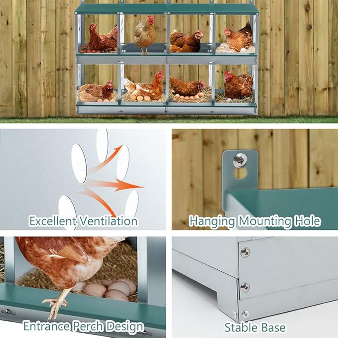 8 Compartment Metal Chicken Nesting Box with Roll-Away Egg Collection, Galvanized Steel Poultry Laying Boxes with Ventilation, Wall Mountable Nest Box for Chickens, Ducks & Geese, Green