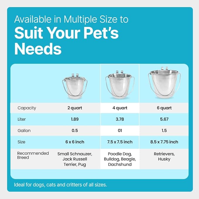 1 Gallon Stainless Steel Bucket - Heavy Duty Flat-Side Metal Bucket for Pets & Livestock Feeding - Rust Resistant Water Bucket with Hooks for Kennels, Cages, Crates & Fences - 4 Quart