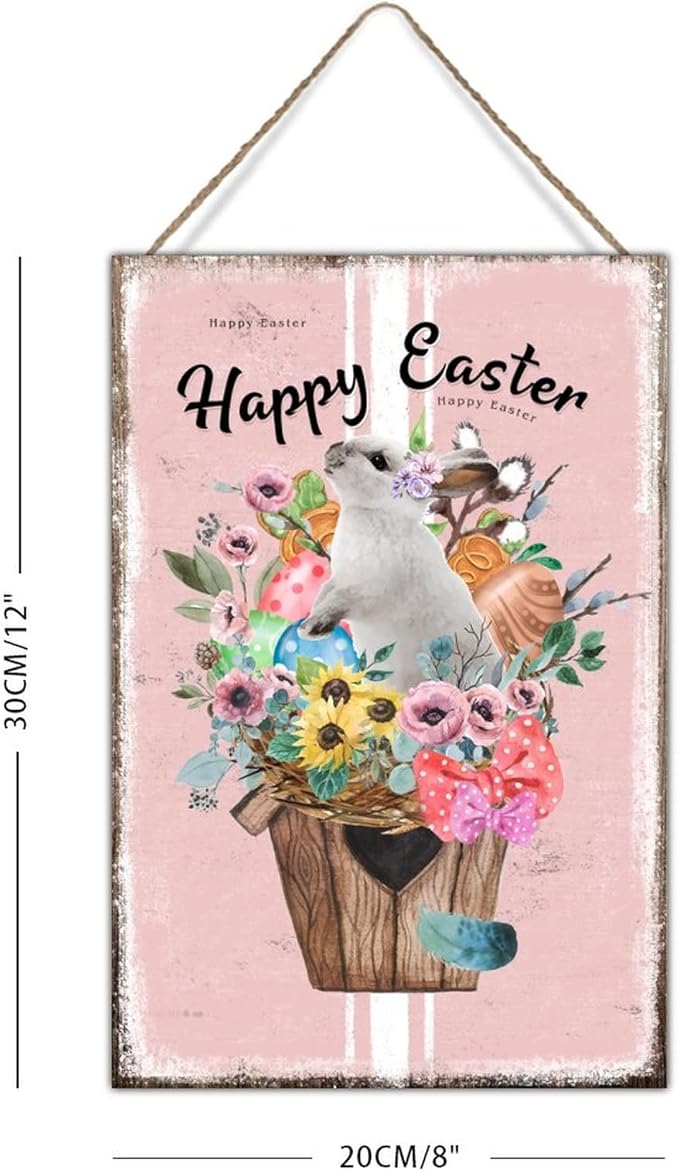 Happy Easter Flower Basket Bunny Sign Wood Decor French Style Floral Pink Stripes Sign Wall Decor Happy Easter Eggs Bunny Wood Decorations Signs for Home Office School 8x12in
