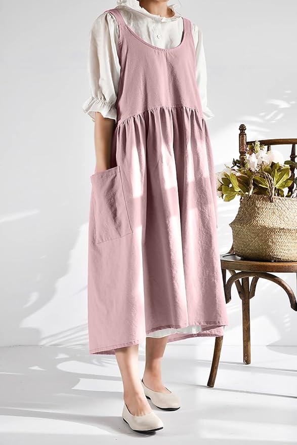 NEWGEM Cotton Cross Back Apron for Women with Pockets Cute Japanese Korean Criss Kitchen Aprons Pink