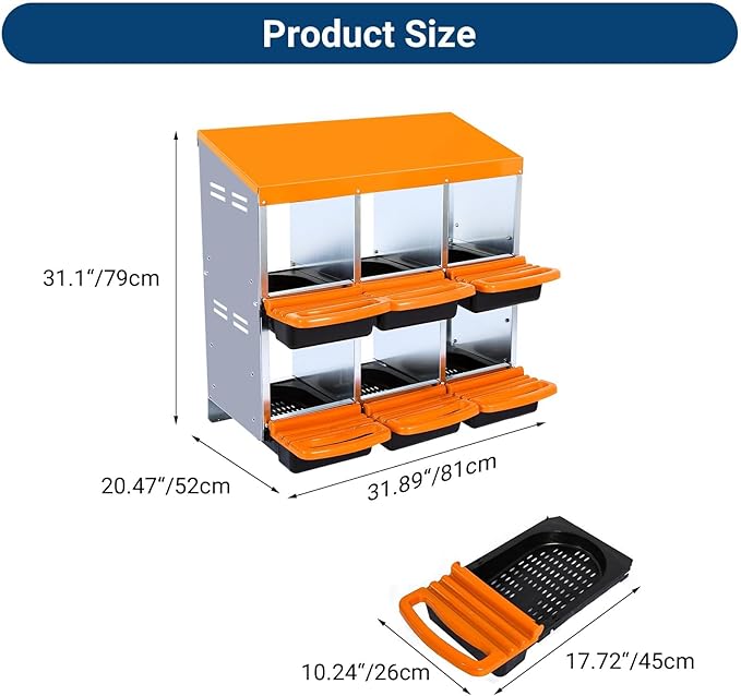 Two-Tier Chicken Nesting Box, 6 Hole Metal Chicken Egg Laying Box with Swing Perch and Rollout Egg Collection Applicable to Coops and Duck Houses Orange.