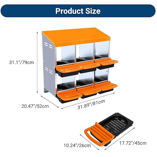 Chicken Nesting Boxes, 6 Hole Metal Chicken Laying Box with with Removable Trays and Roll Out Egg Collection for Chicken Coop, Orange