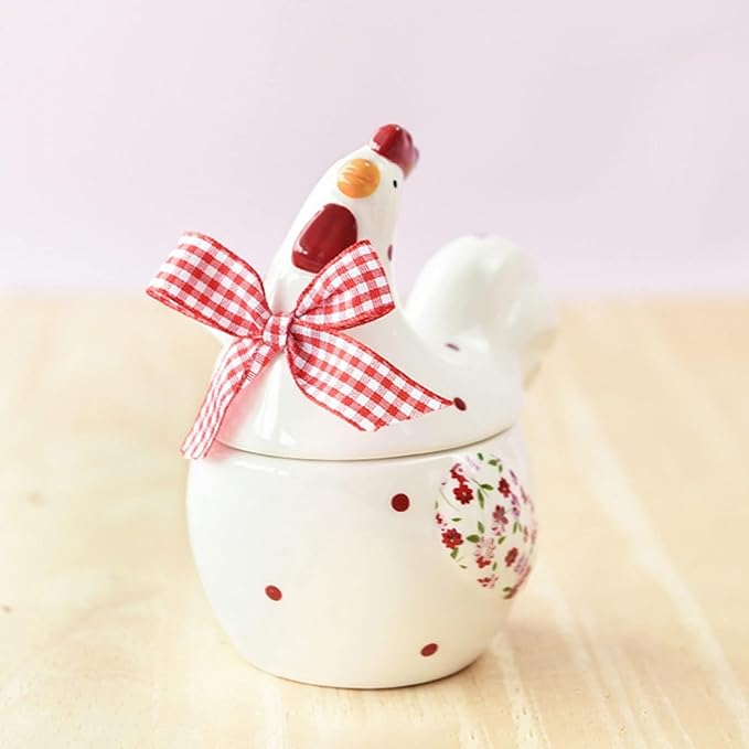Chicken and Flower Pattern Ceramic, Rooster Shape Sugar Jar with Lid and Spoon, Rural Easter Kitchen Decor for Food Storage, Spring Farmhouse Countertop Container (1 Pc)