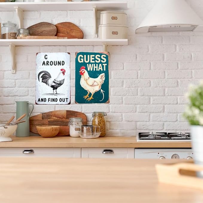 Chicken Coop Signs 4PC Set- Metal Tin Posters Rustic Wall Art Farmhouse Kitchen Vintage Home Decor Funny Outdoor Decorations Bathroom Restroom Bedroom Live Like Someone Left The Gate Open Sayings