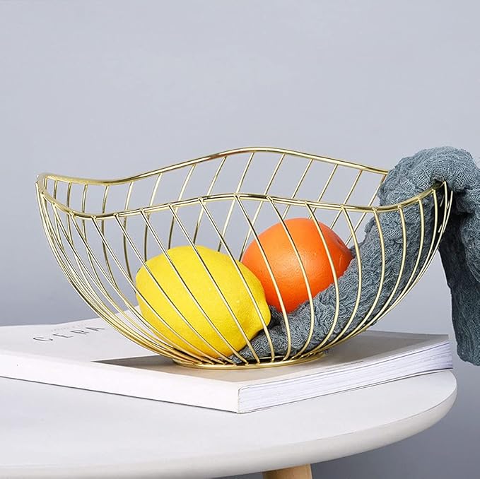 IBWell High Style Curved-Edge Modern Creative Stylish Single Tier Dish,Metal Iron Wire Fruit Vegetables Bread Decorative Stand Serving Bowls Basket Holder (Gold-Twill)