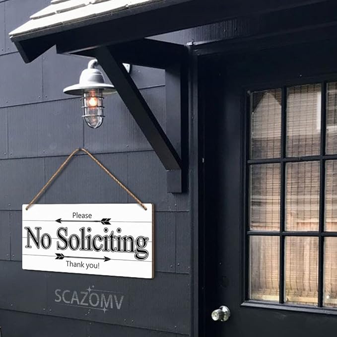 Please No Soliciting Thank You Funny Rustic Wooden Front Door Sign Vintage Outdoor Wall Art Hanging Plaque for Porch Yard Store Home Farmhouse Decor 10''x 5''