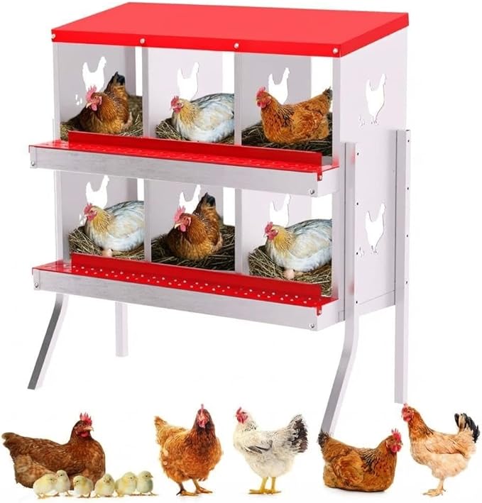 Chicken Nesting Box,6 Holes Galvanized Steel Metal Chicken Laying Box with Automatic Roll-Away Egg Collection System & Removable Tray,Wall Mount Nesting Boxes