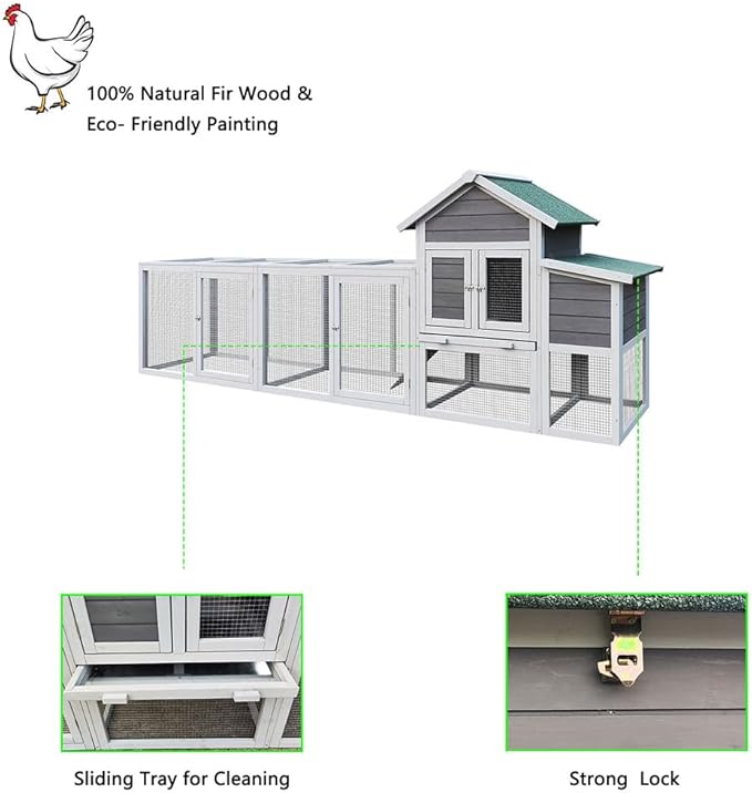 123" Large Wooden Chicken Coop with Run for 4–6 Chickens, Outdoor Hen House with Nesting Box, Sliding Tray, Ramp and Lockable Doors, Weather-Resistant Poultry Enclosure for Backyard, Farm,Gray