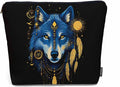 Wolf Makeup Bags Makeup Organizer, Native American Style Wolf Feather Flax Toiletry Bags Travel Cosmetic Bag Makeup Purse Pouch Skincare Bag Wallet Bags For Women Female Mom Daughter, Blue
