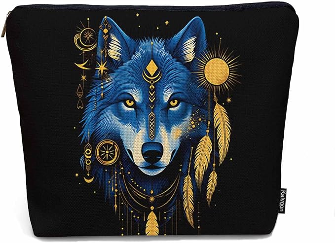 Wolf Makeup Bags Makeup Organizer, Native American Style Wolf Feather Flax Toiletry Bags Travel Cosmetic Bag Makeup Purse Pouch Skincare Bag Wallet Bags For Women Female Mom Daughter, Blue
