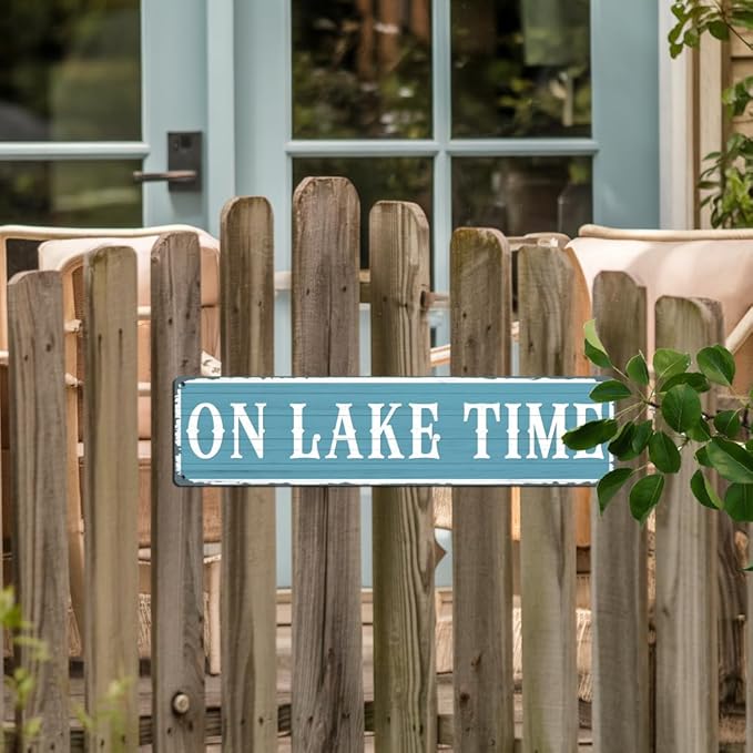 On Lake Time Metal Tin Sign Rustic Lake Decor Wall Hanging Art Vintage Style Wall Decor for Living Room Bedroom Cabin Porch Lake House 4x16 Inch