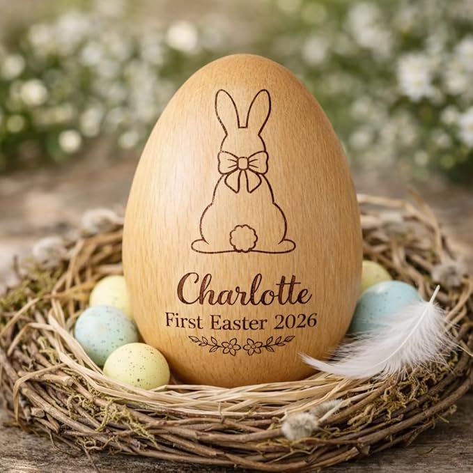 Personalized Wooden Easter Egg – Custom Engraved Bunny Name Egg, Baby First Easter Keepsake Gift, Rustic Wood Bunny Decor, Cute Basket Stuffer for Kids, Spring Holiday Gift for Baby Boy Girl/2