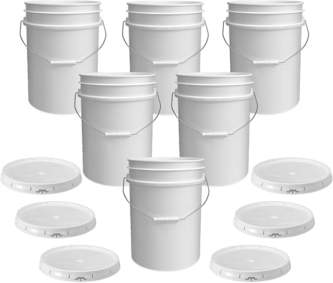 ePackageSupply White 5-Gallon Bucket with Lid | Made in USA | Food Grade | Heavy-Duty Extra Durable Plastic Bucket | Multi-Use Food Grade Buckets with Lids | Easy Stack and Store | BPA Free | 6 Pack